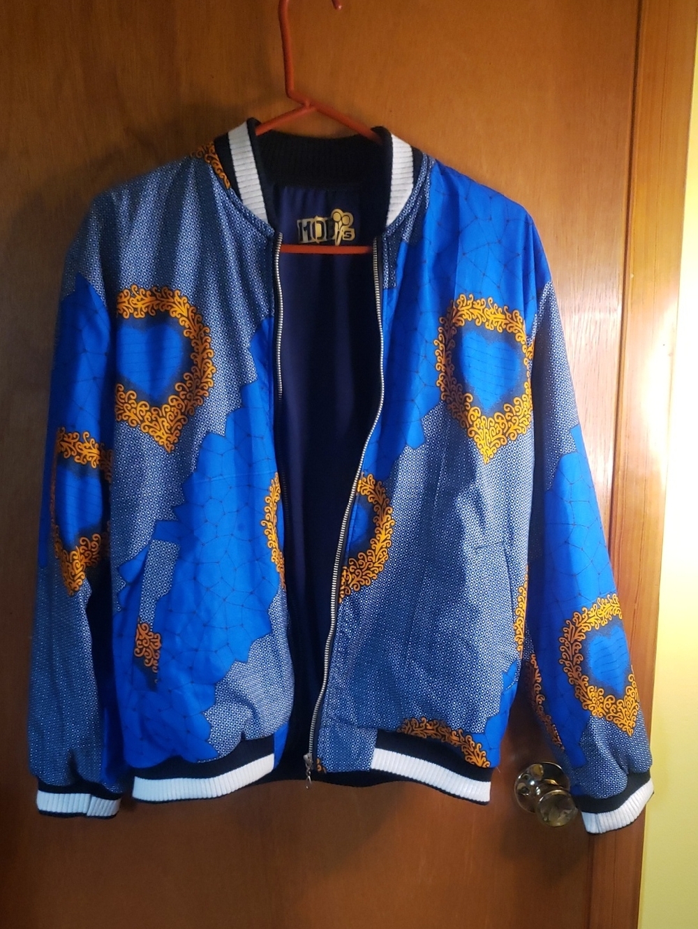 Blue Patterned Bomber Jacket with Gold Accents Size M